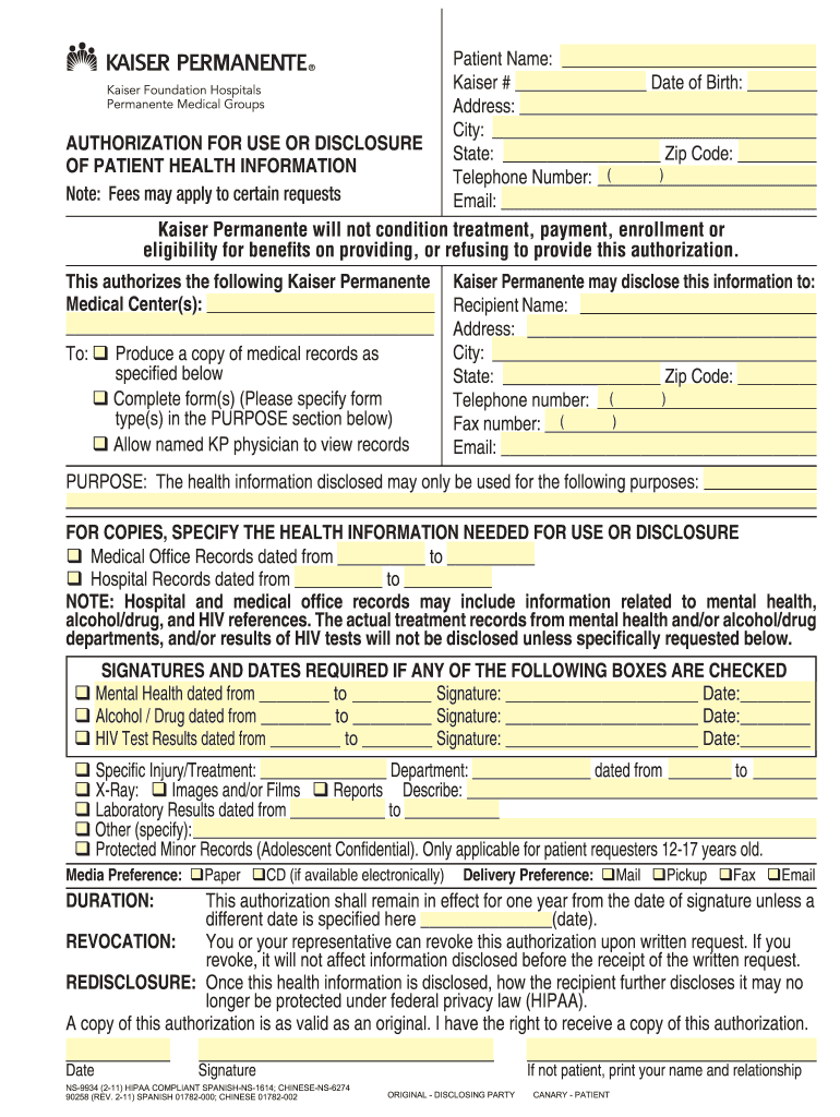 Kaiser Permanente Form For Patient Health Onfo Fill Online Printable 