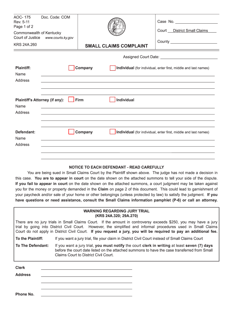 Kentucky Small Claims Fill Online Printable Fillable Blank PdfFiller