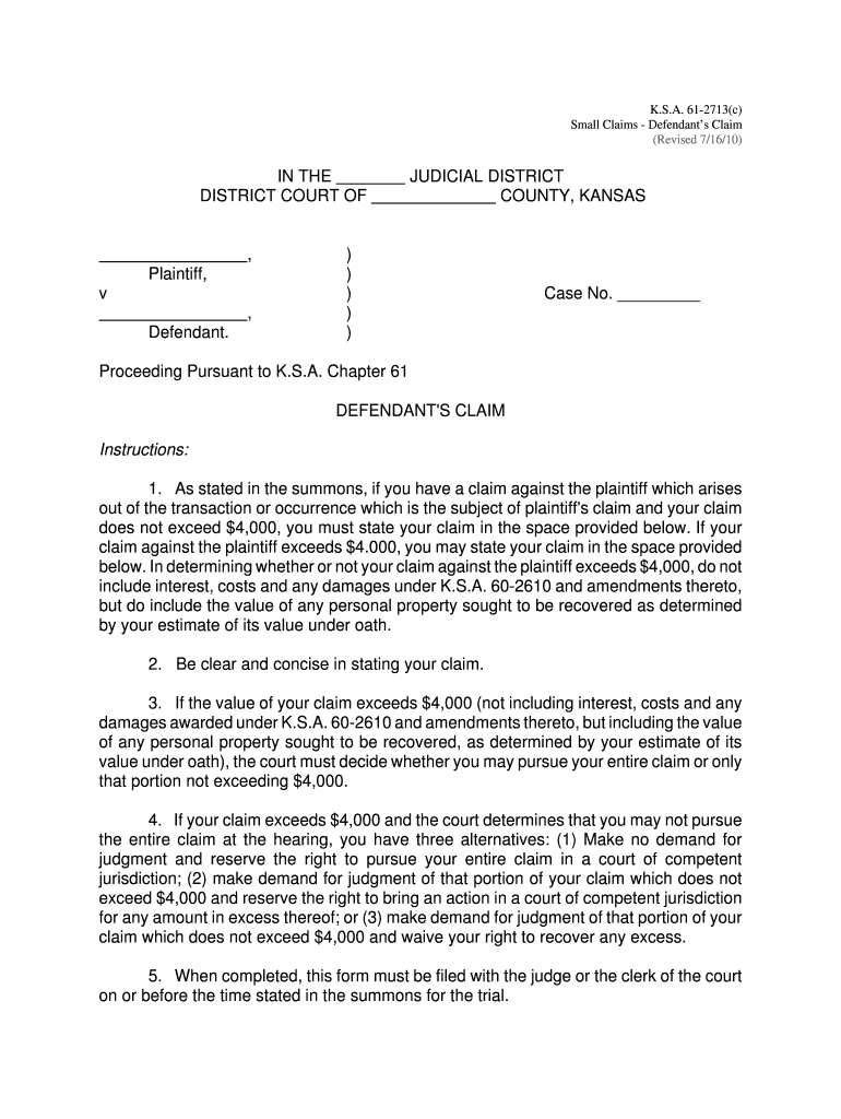 KS Defendant 39 s Claim 2010 Complete Legal Document Online US Legal Forms