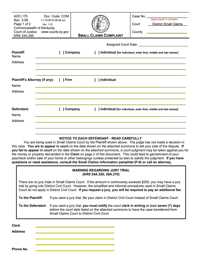 KY AOC 175 2006 Complete Legal Document Online US Legal Forms