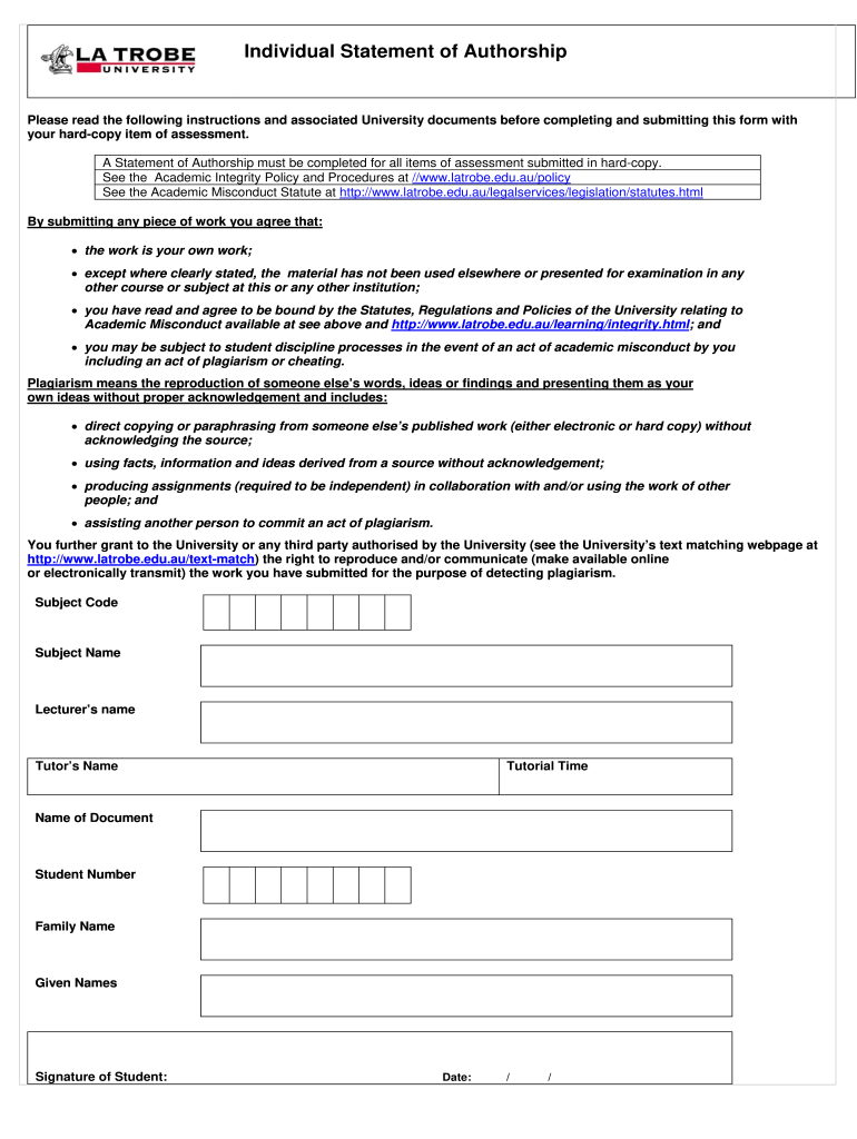 Latrobe Statement Of Authorship Fill Online Printable Fillable 