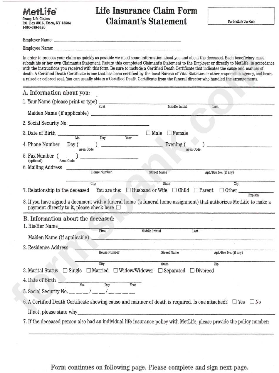 Life Insurance Claim Form Claimant 39 S Statement Metlife Form Printable