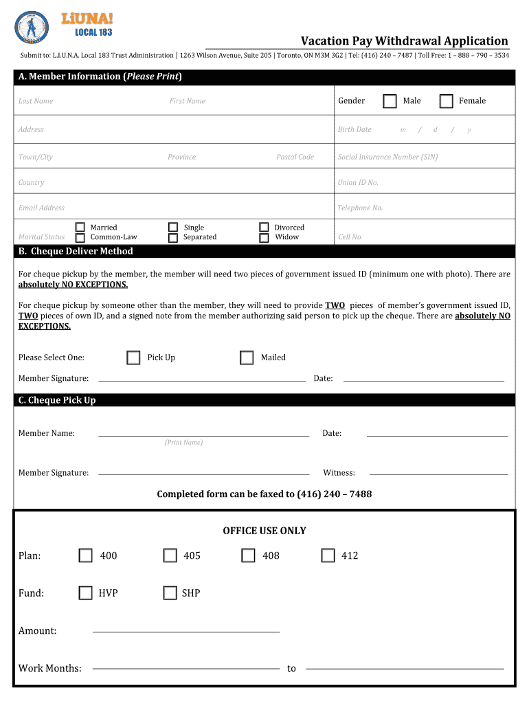 Liuna 183 Vacation Pay Form Fill Out And Sign Printable PDF Template 