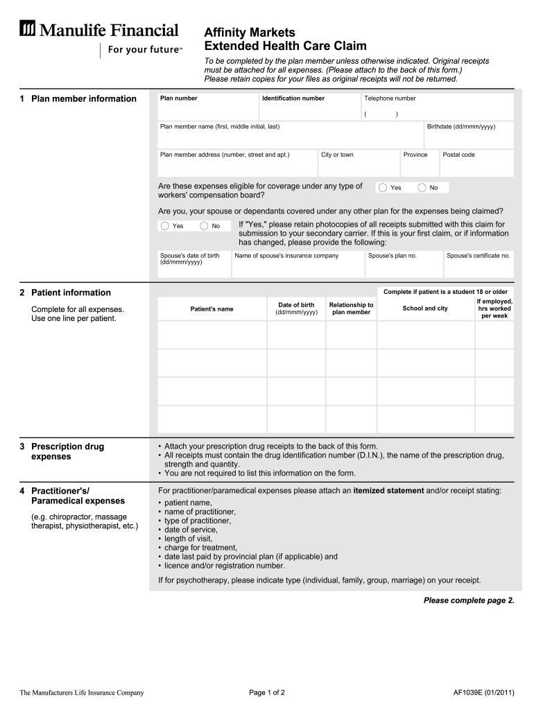 Manulife Affinity Markets Extended Health Care Claim 2011 Form Fill 