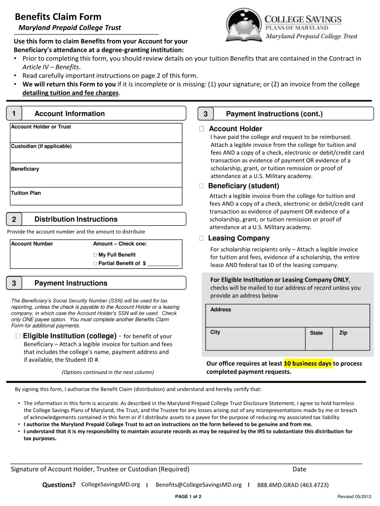 Maryland 529 Benefits Claim Form Fill Online Printable Fillable