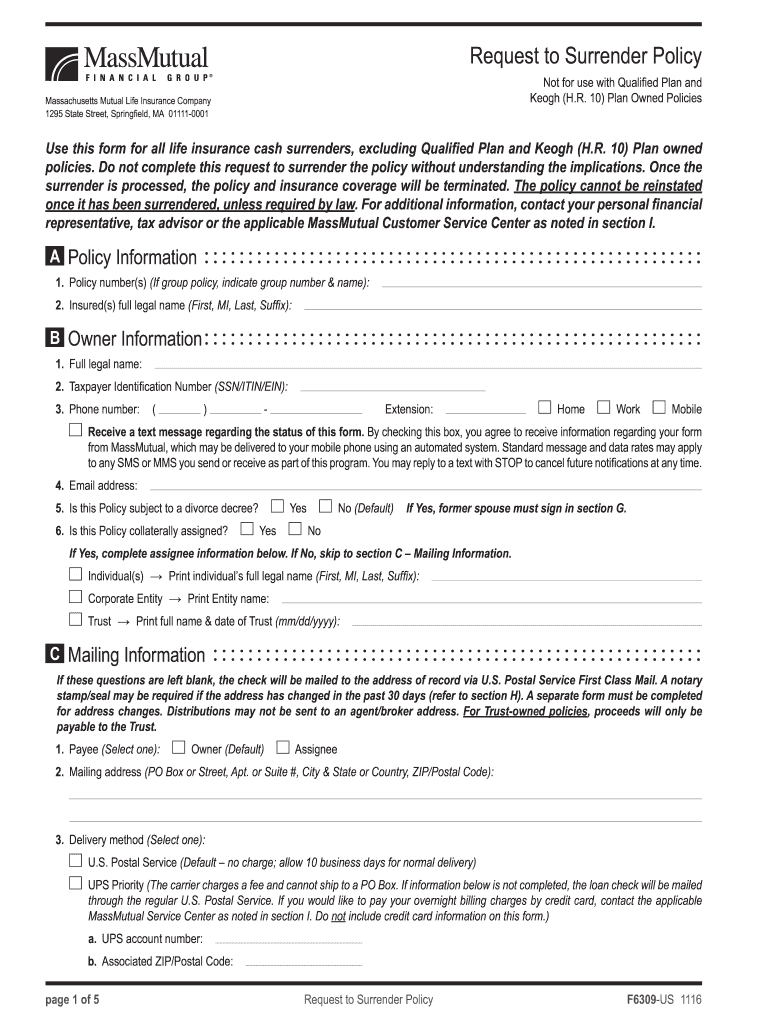 Mass Mutual Life Insurance Surrender Request Form 4377f Fill Out 