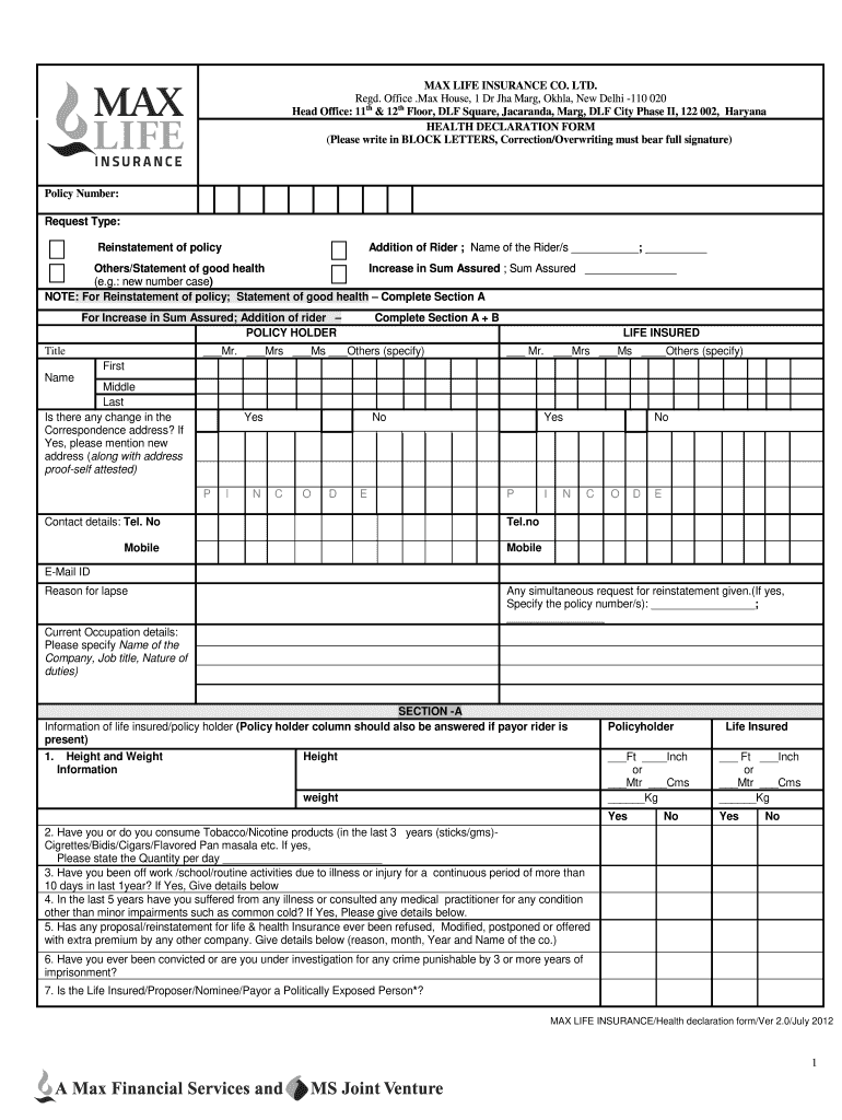 Max Life Declaration Fill Out And Sign Printable PDF Template SignNow