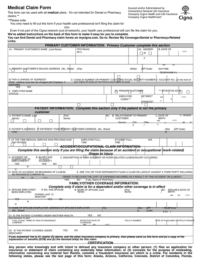 Medical Claim Form In Word And Pdf Formats