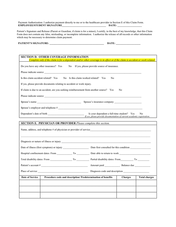 Medical Claim Form Sample In Word And Pdf Formats Page 2 Of 4