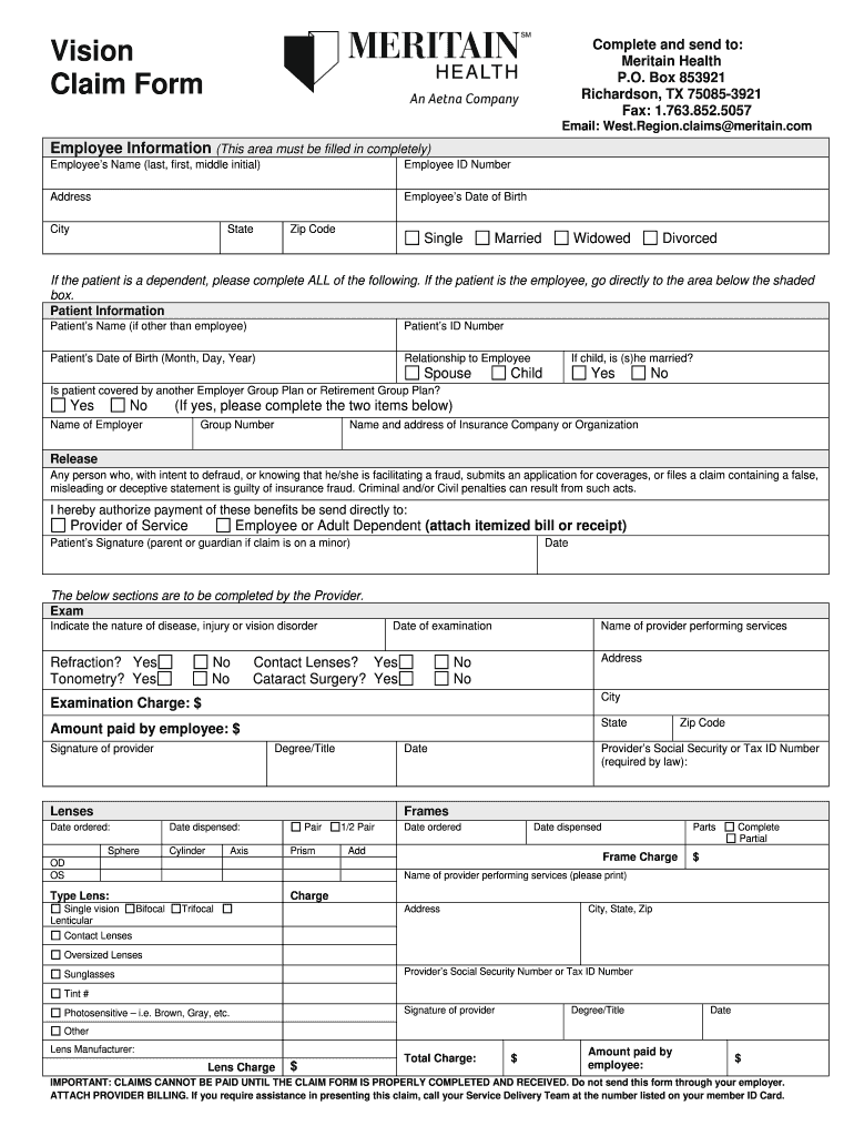 Meritain Vision Claim Form Fill And Sign Printable Template Online 