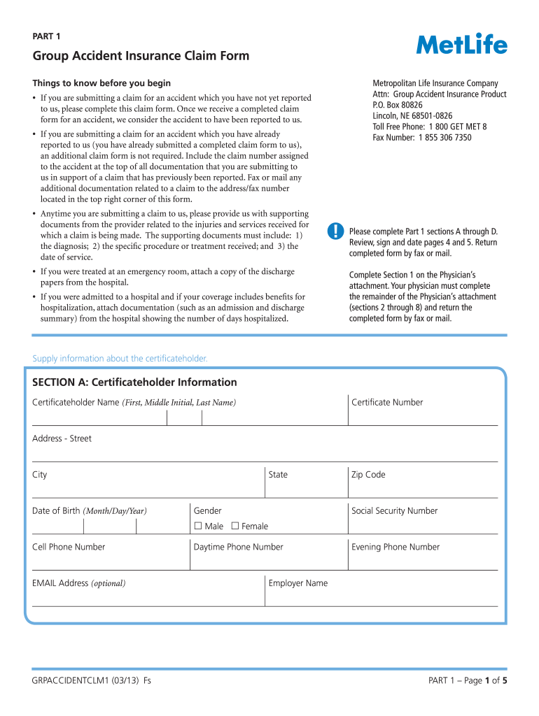 Metlife Accident Claim Form Fill Online Printable Fillable Blank 