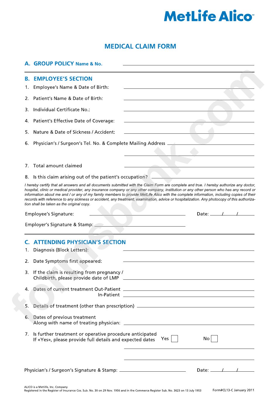 Metlife Alico Medical Claim Form Printable Pdf Download ClaimForms