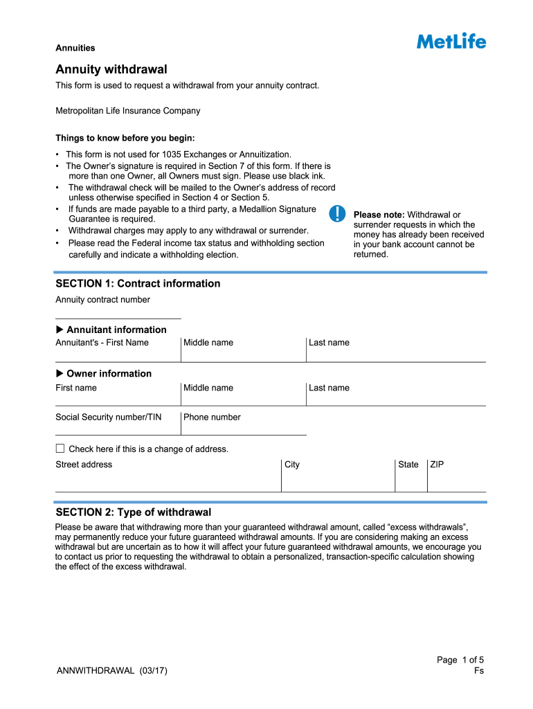 MetLife AnnWithdrawal 2017 Fill And Sign Printable Template Online