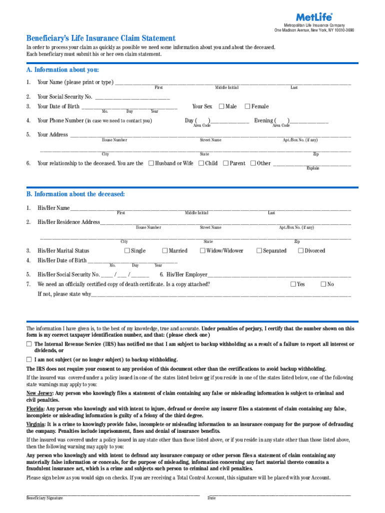 Metlife Death Claim Form For Life Insurance Fill Out Sign Online