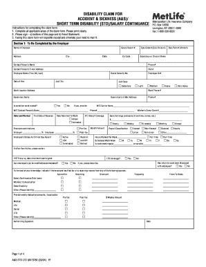 Metlife Disability Claim For Accident Sickness Form Fill And Sign 