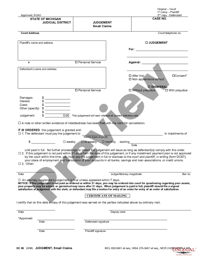 Michigan Small Claims Judgment Mi Judgment US Legal Forms