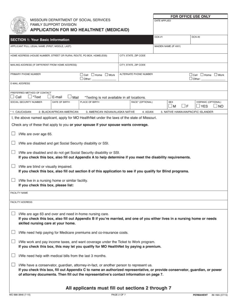 Missouri Medicaid Application Printable Blank PDF Online