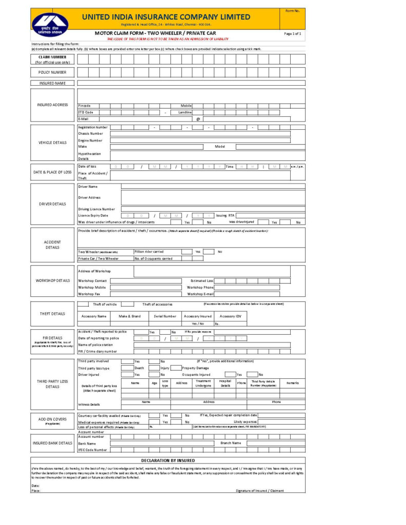 Motor Claim Form United India Insurance Company Limited 2022 2023 EduVark