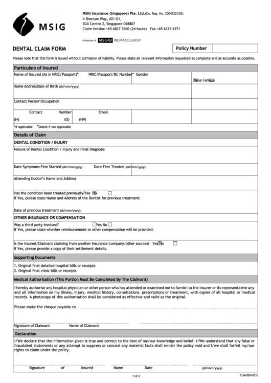 Msig Dental Claim Form Printable Pdf Download