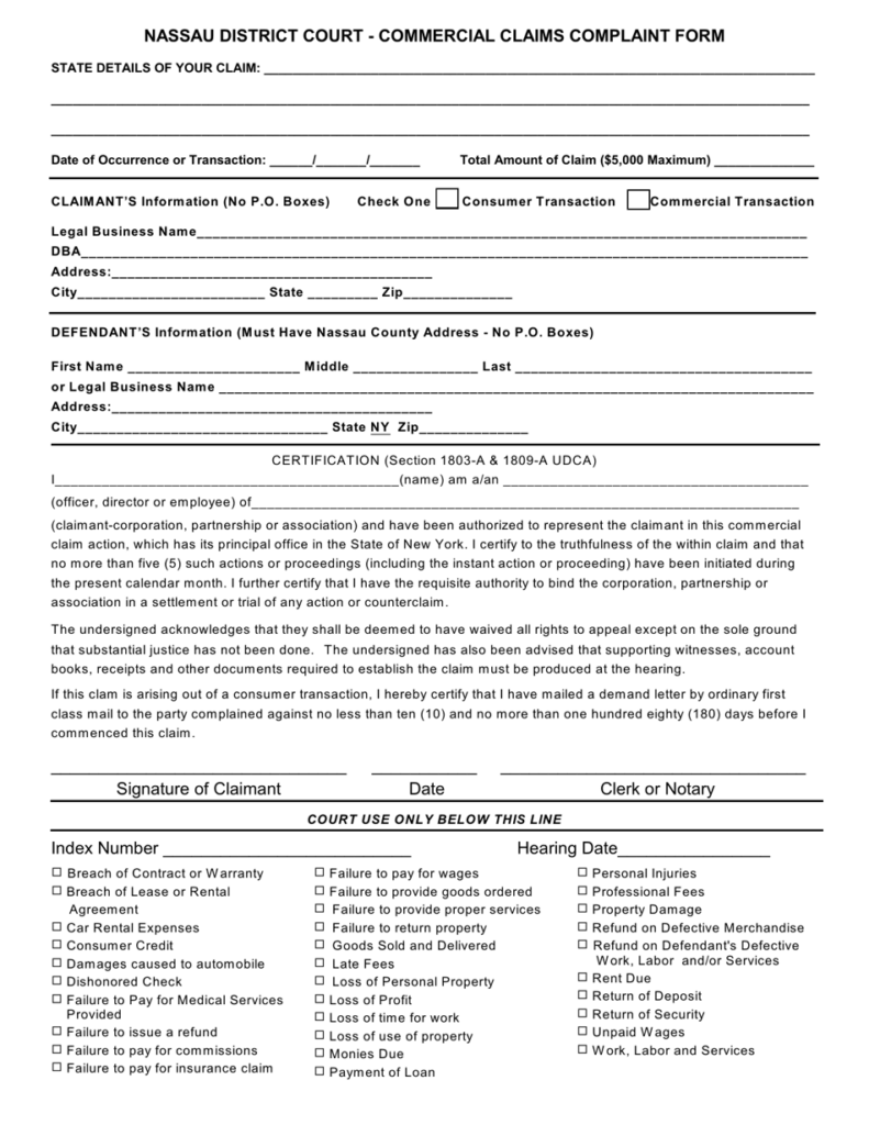 Nassau County New York Commercial Claims Complaint Form Download 