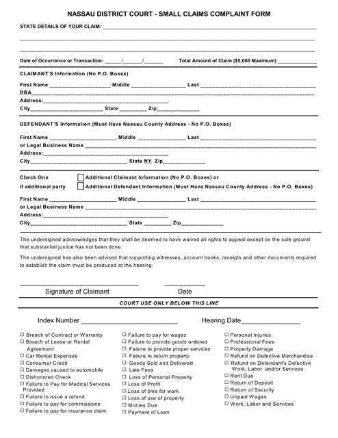 Nassau County New York Small Claims Complaint Form Download Fillable 