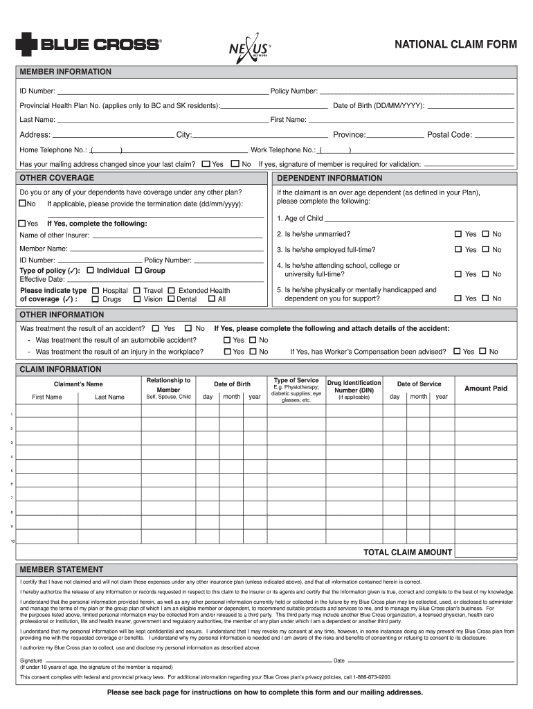 National Blue Cross Claim Form Fill Online Printable Fillable