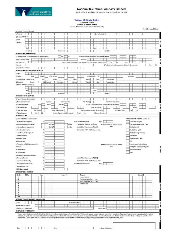 National Insurance Company Mediclaim Claim Form 2022 2023 Courses Ind In