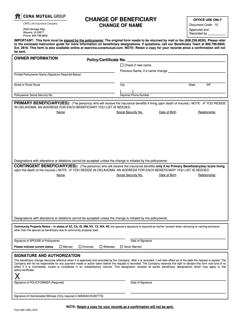 North American Life Insurance Beneficiary Change Form Fill Online