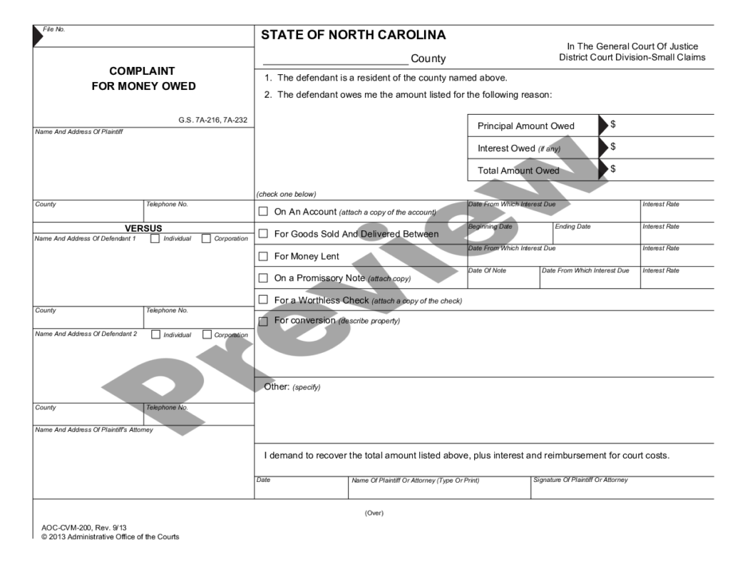 North Carolina Complaint For Money Owed Sample Complaint For Money 