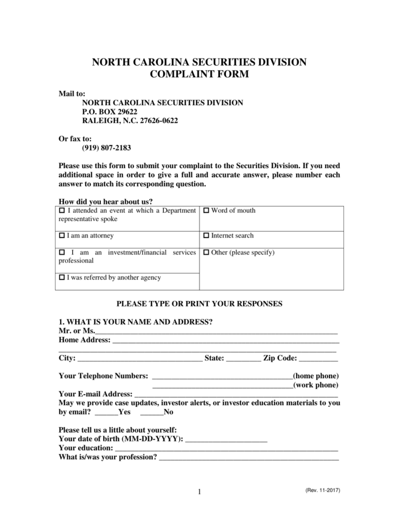 North Carolina Complaint Form Download Printable PDF Templateroller