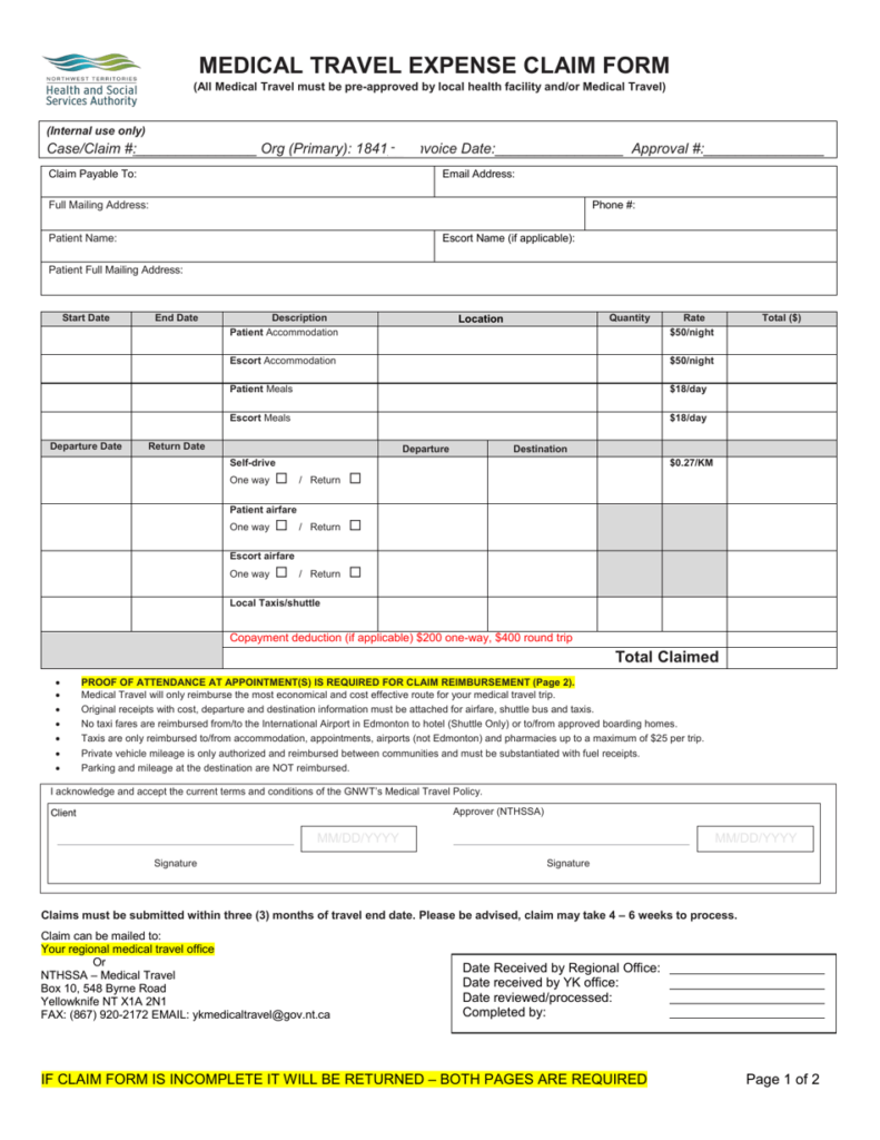 Northwest Territories Canada Medical Travel Expense Claim Form Download 