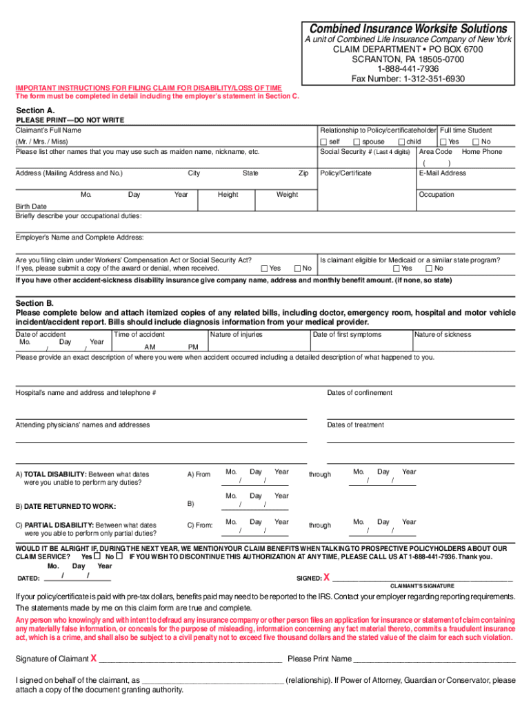 NY Combined Insurance Claims Made Easy 2018 2022 Fill And Sign 