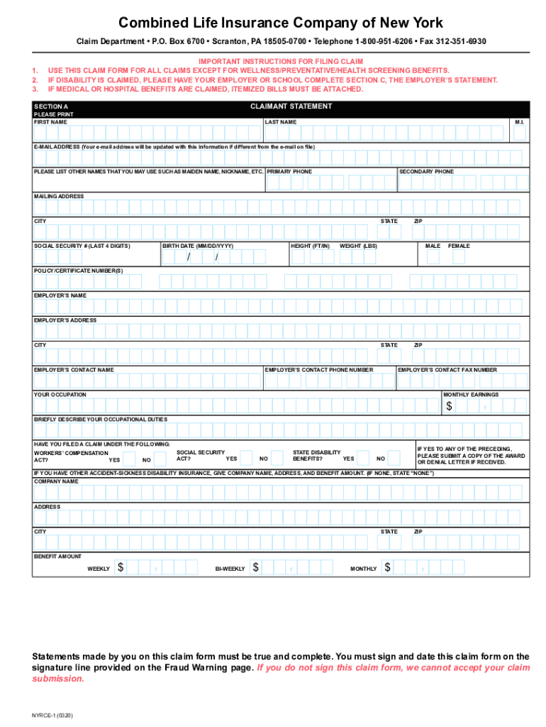 NY Combined Life Insurance Company NYRCE 1 2020 2022 Fill And Sign 