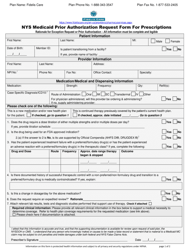 NY NYS Medicaid Prior Authorization Request Form For Prescriptions 