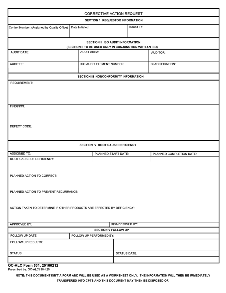 OC ALC Form 531 Download Printable PDF Or Fill Online Corrective Action 
