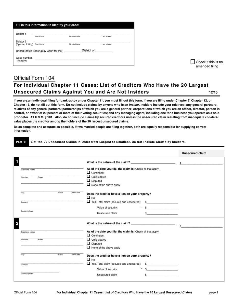 Official Form 104 Download Fillable PDF Or Fill Online For Individual