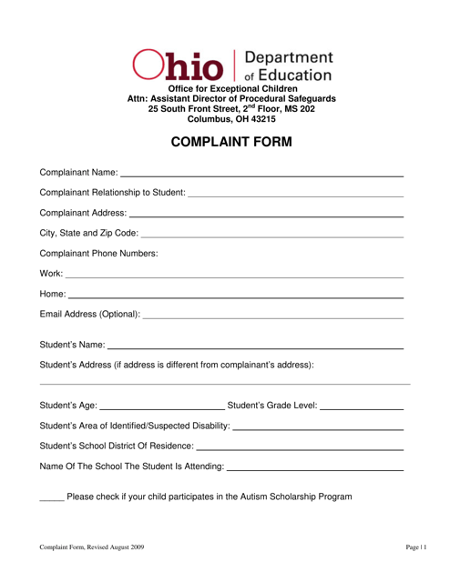 Ohio Complaint Form Download Printable PDF Templateroller