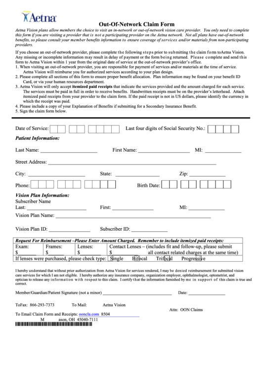 Out Of Network Claim Form Aetna Printable Pdf Download