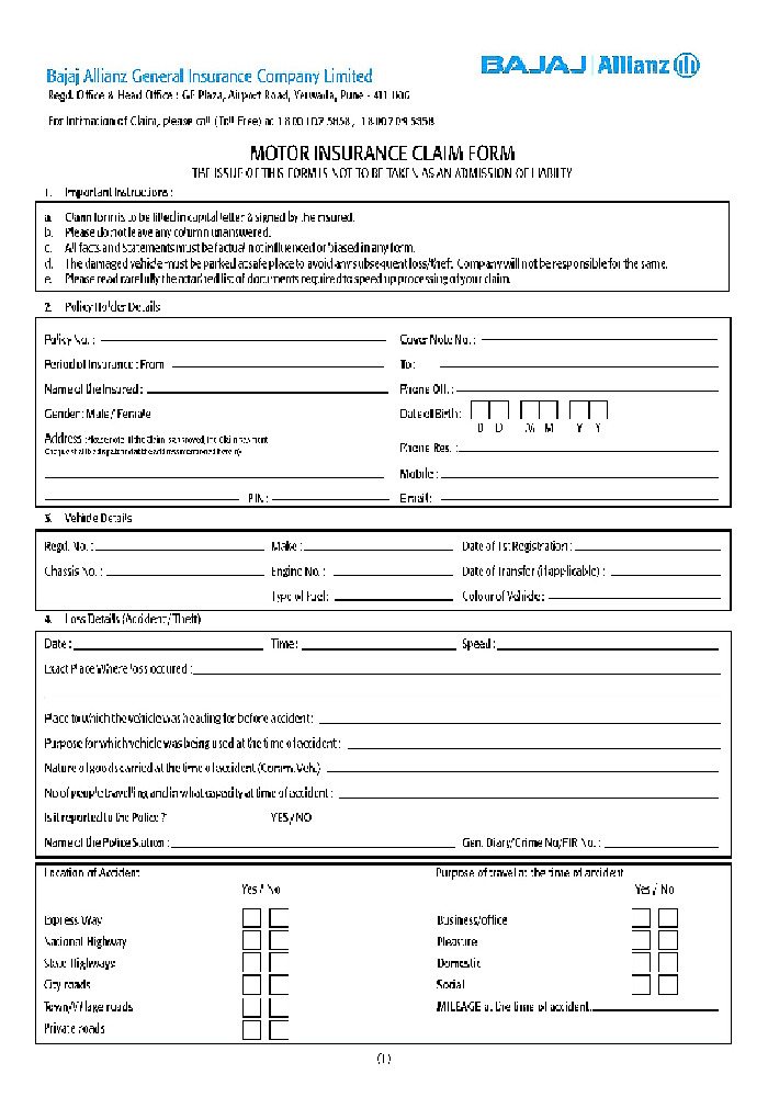  PDF Bajaj Allianz Motor Insurance Claim Form PDF Download In English 