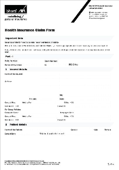  PDF Bharti Axa Health Insurance Claim Form PDF Download In English 