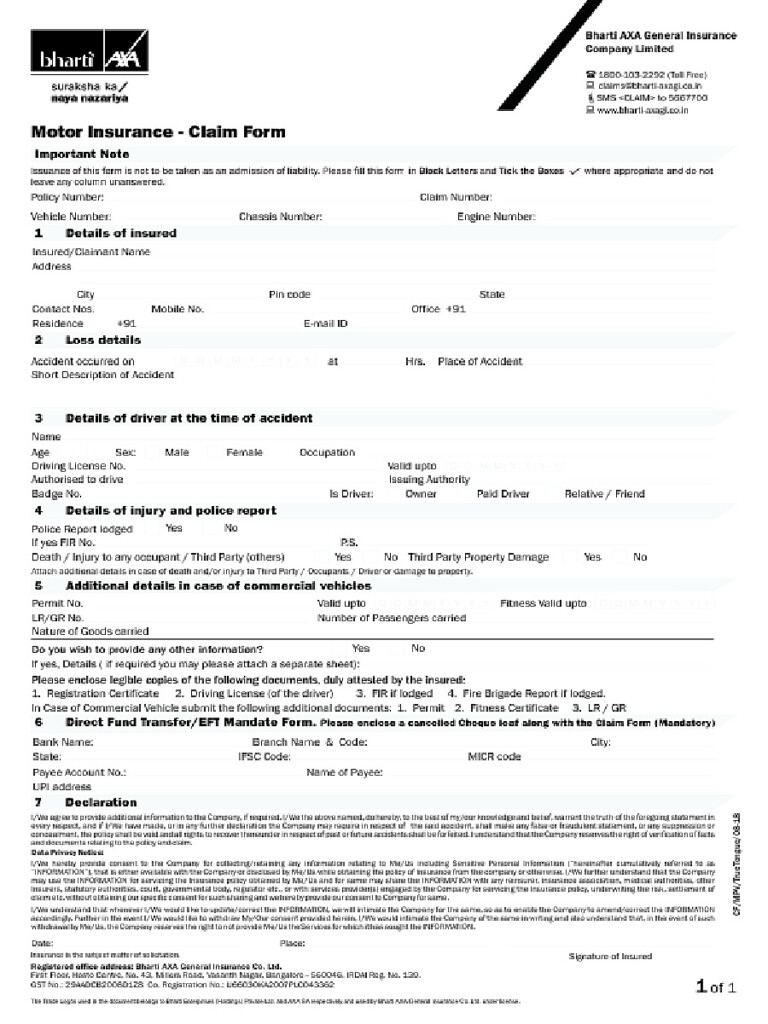  PDF Bharti AXA Motor Insurance Claim Form PDF Download In English 