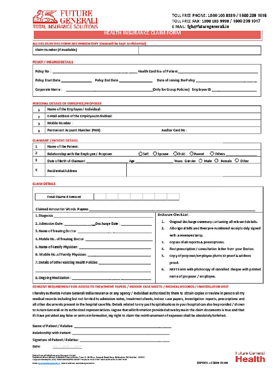 PDF Future Generali Health Insurance Or Reimbursement Claim Form PDF