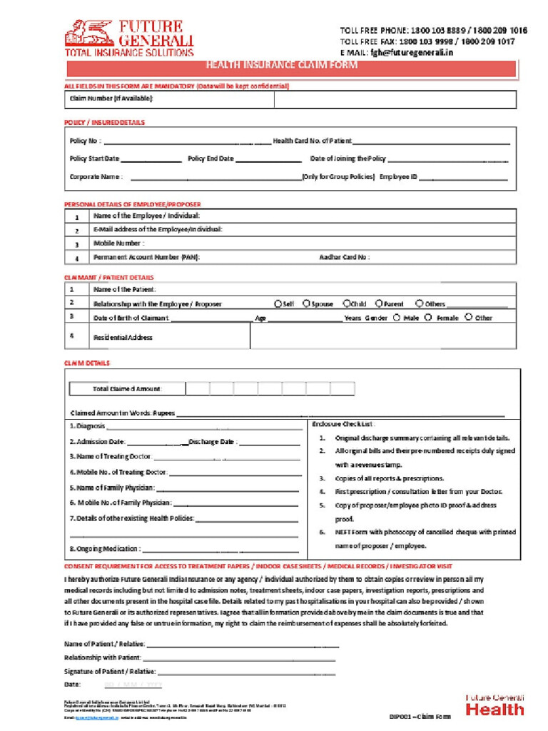  PDF Future Generali Health Insurance Or Reimbursement Claim Form PDF 