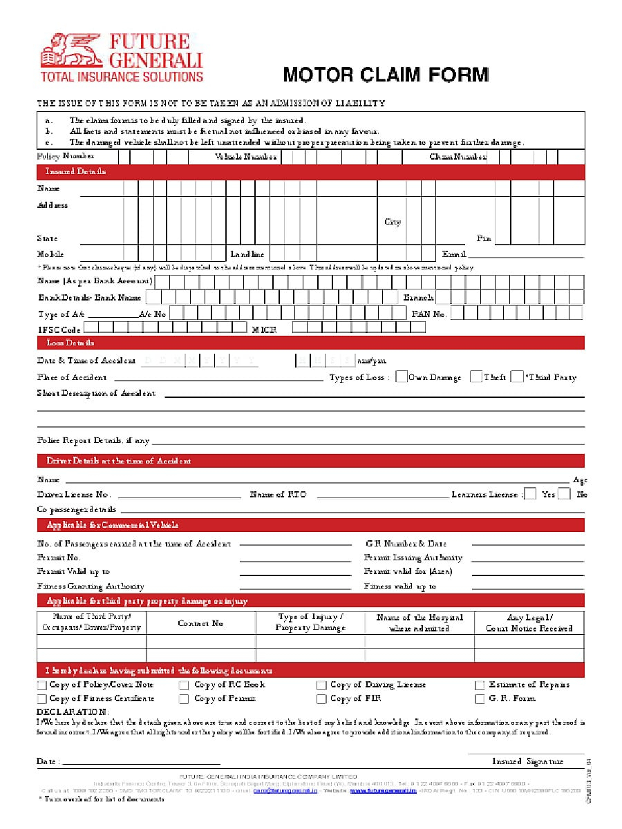  PDF Future Generali Motor Claim Form PDF Download In English InstaPDF