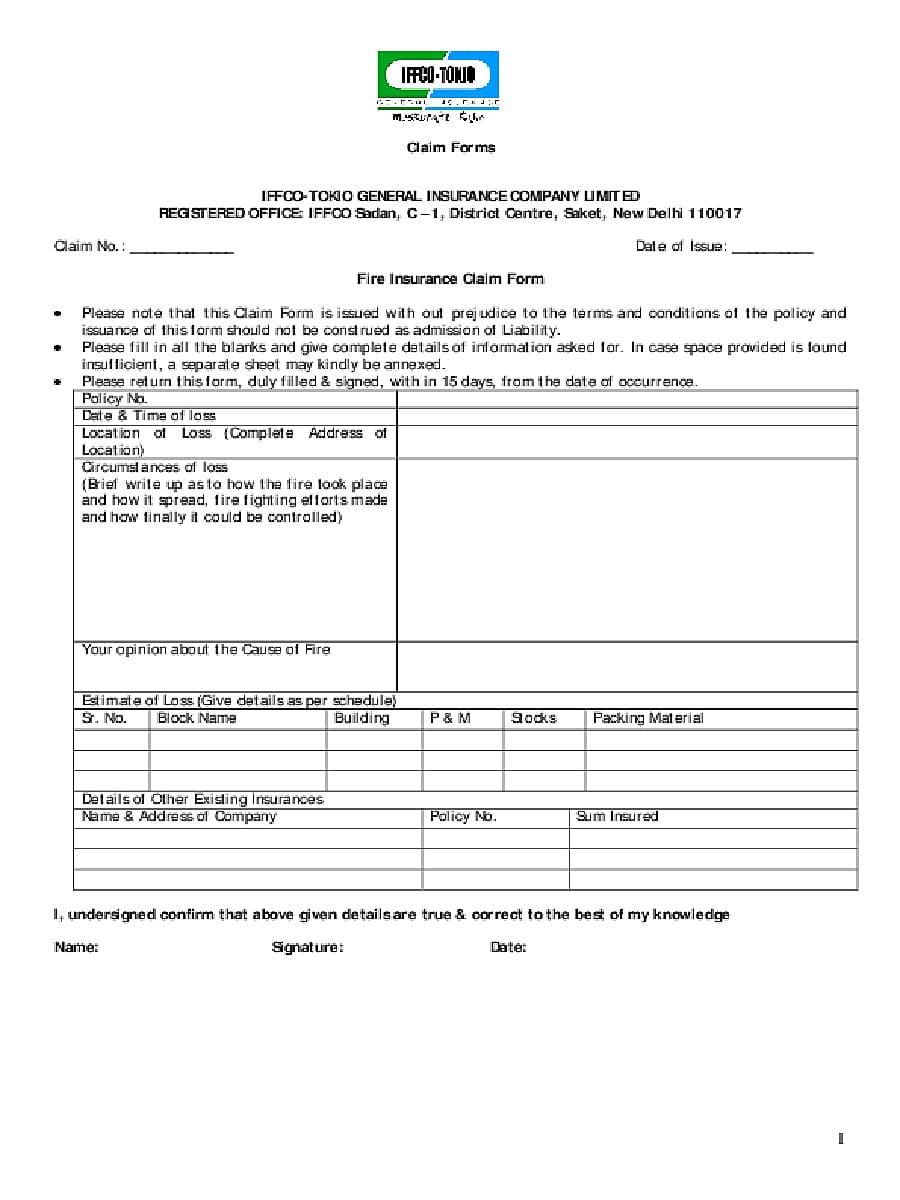  PDF IFFCO Tokio Fire Insurance Claim Form PDF Download In English 