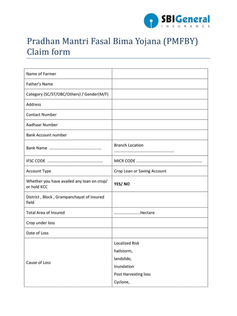  PDF Pradhan Mantri Fasal Bima Yojana Claim Form SBI PDF Download 