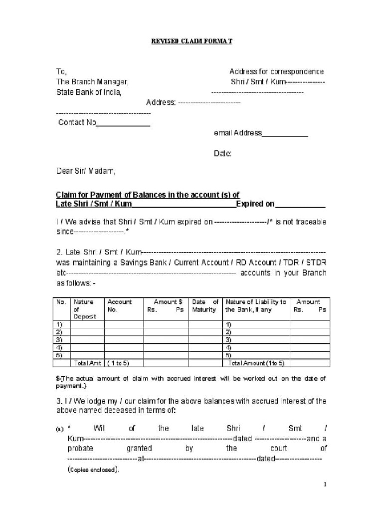  PDF SBI Deceased Claim Form Or Payment Of Balance In Bank Account PDF 