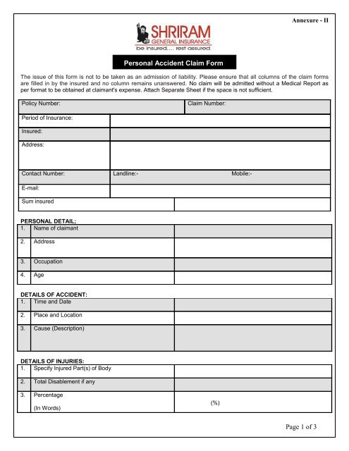 Personal Accident Claim Form Shriram General Insurance