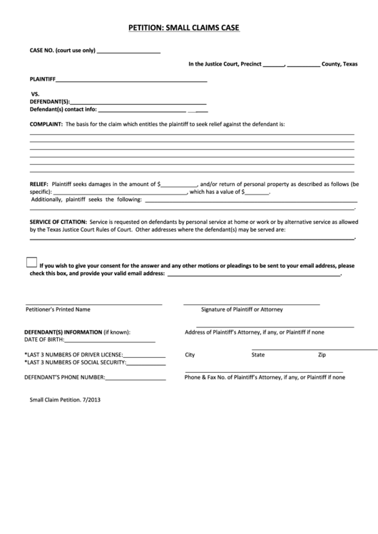 Petition Small Claims Case Template 2013 Printable Pdf Download