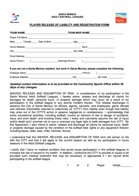 Player Release Of Liability And Registration Form Santa Monica Adult